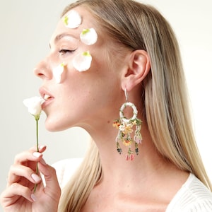 Cirle & Vines Flowers Earrings, Beaded Earrings, Floral Earrings, Handmade Jewelry, Sakura Earrings, Boho Style, Circle Earrings