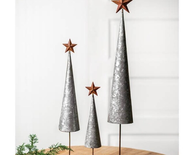 Set of Three Galvanized Metal Christmas Trees Tall Cone Christmas Trees