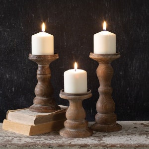 Set of 3 Rustic Wood Pillar Candle Holders | Wood Candle Holders | Distressed Candle Holders | Farmhouse Candle Holders