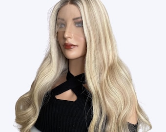 Long Wavy Blonde HD Lace Front Human Hair Wig, Soft Champagne Highlights, Light Brown Shadow root, and Natural-Looking Waves