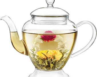 Le Bouquet Glass Teapot with Two Gourmet Blooming Tea Flowers