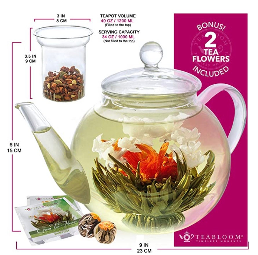 Teabloom Stovetop & Microwave Safe Glass Teapot 40 OZ / 1.2 L With  Removable Loose Tea Glass Infuser 