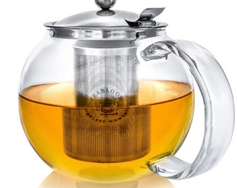 Teabloom Stovetop Safe + Lead-Free Glass Teapot – 40 oz / 1.2 L Capacity – Removable Stainless Steel Infuser.