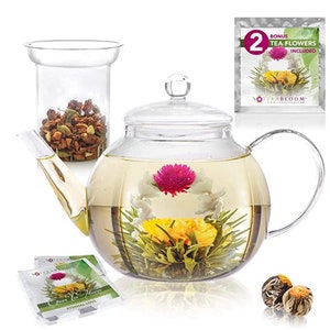 Teabloom Stovetop & Microwave Safe Glass Teapot (40 OZ / 1.2 L) with Removable Loose Tea Glass Infuser