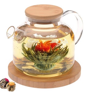 Teabloom Stovetop Safe Glass Teapot with Bamboo Lid (40oz/1200ml) + Loose Leaf Tea Filter Spout + 2 Blooming Teas + Large Bamboo Trivet