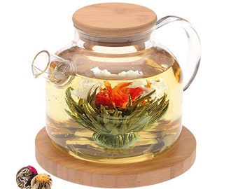 Teabloom Stovetop Safe Glass Teapot with Bamboo Lid (40oz/1200ml) + Loose Leaf Tea Filter Spout + 2 Blooming Teas + Large Bamboo Trivet