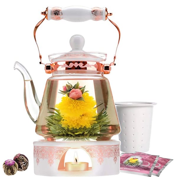 Teabloom Buckingham Palace Teapot & Flowering Tea Gift Set (6 Pieces) - Stovetop Safe Glass Teapot (40 OZ / 1.2 L / 4-5 CUPS)