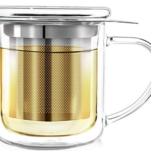 Teabloom Single-Serve Tea Maker (8 oz /240 ml) - Double Wall Lead-Free Glass Cup with Infuser Basket and Lid for Steeping, Solista