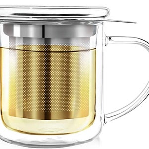 May include: A clear glass tea mug with a double-walled design and a built-in stainless steel infuser. The mug has a handle and a lid.