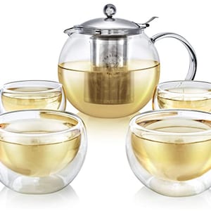 Teabloom Stovetop Safe Glass Teapot with Removable Infuser (40oz/1200ml) and Four Double Walled Glass Cups (5oz/150ml) - Classica Tea Set