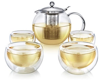 Teabloom Stovetop Safe Glass Teapot with Removable Infuser (40oz/1200ml) and Four Double Walled Glass Cups (5oz/150ml) - Classica Tea Set