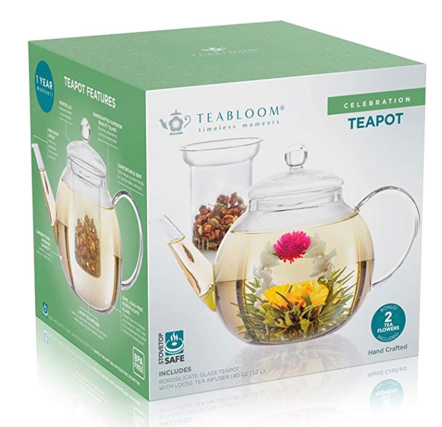 Teabloom Classica Everyday Teapot – Stovetop Safe Glass Teapot – 40 oz /  1200 ml Capacity – Removable Stainless Steel Infuser