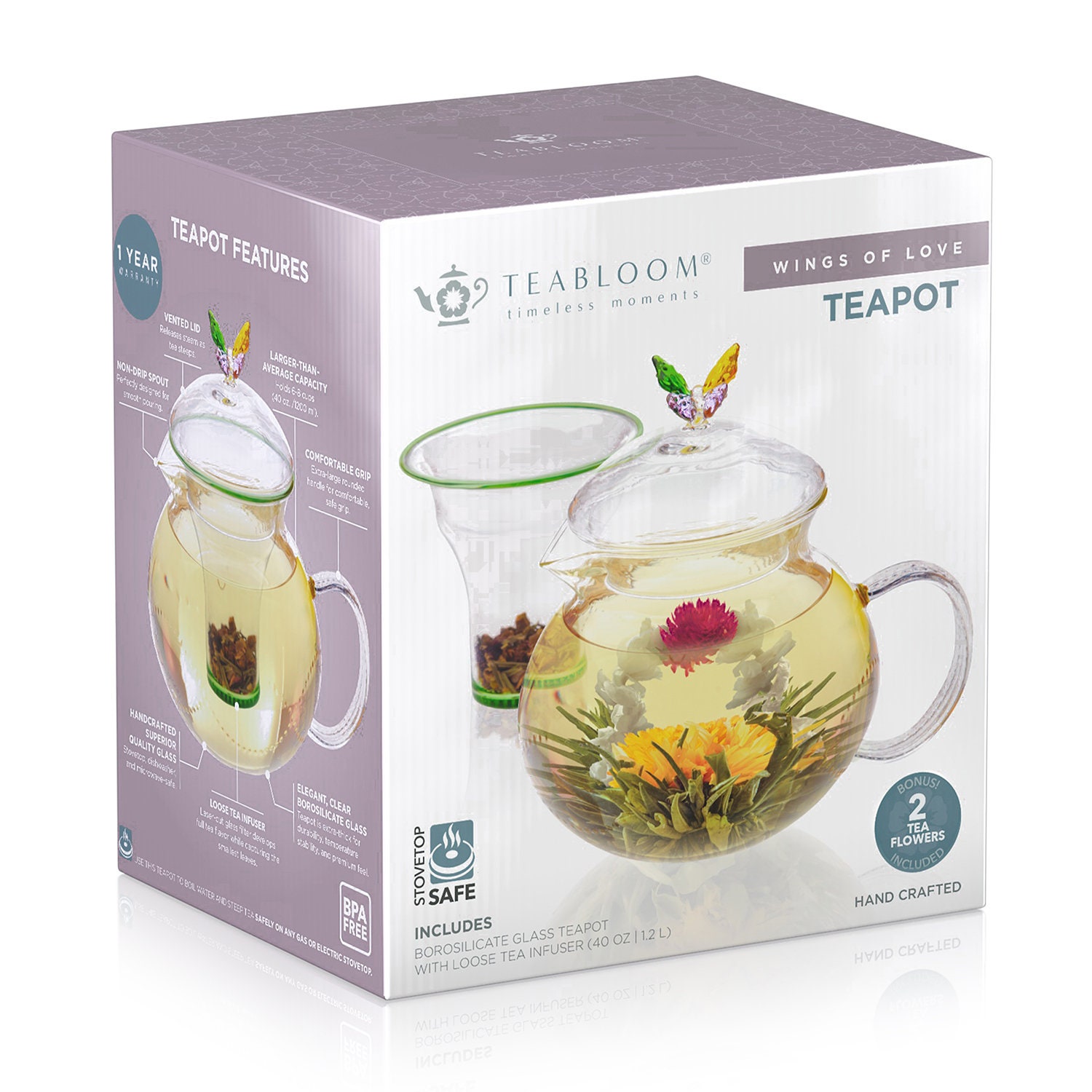 Teabloom Eternal Love Teapot Glass Teapot 36 Oz, Heart-topped Lid, Loose  Tea Infuser & Two Gourmet Blooming Teas 