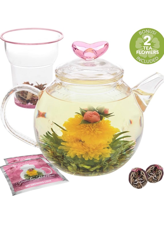 Teabloom Eternal Love Teapot – Glass Teapot (36 oz), Heart-Topped Lid, Glass Loose Leaf Tea Infuser + 2 Gourmet Blooming Teas - Thermal Shock