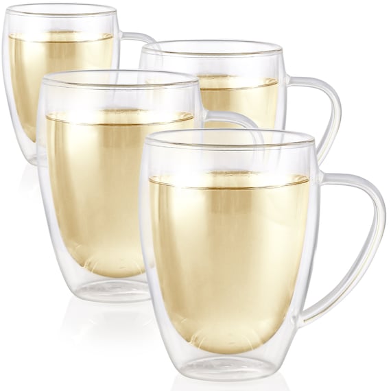 Double Wall Insulated Glass Cups Set of 2 Clear Coffee Mugs 15 oz/ 450ml, Size: Large