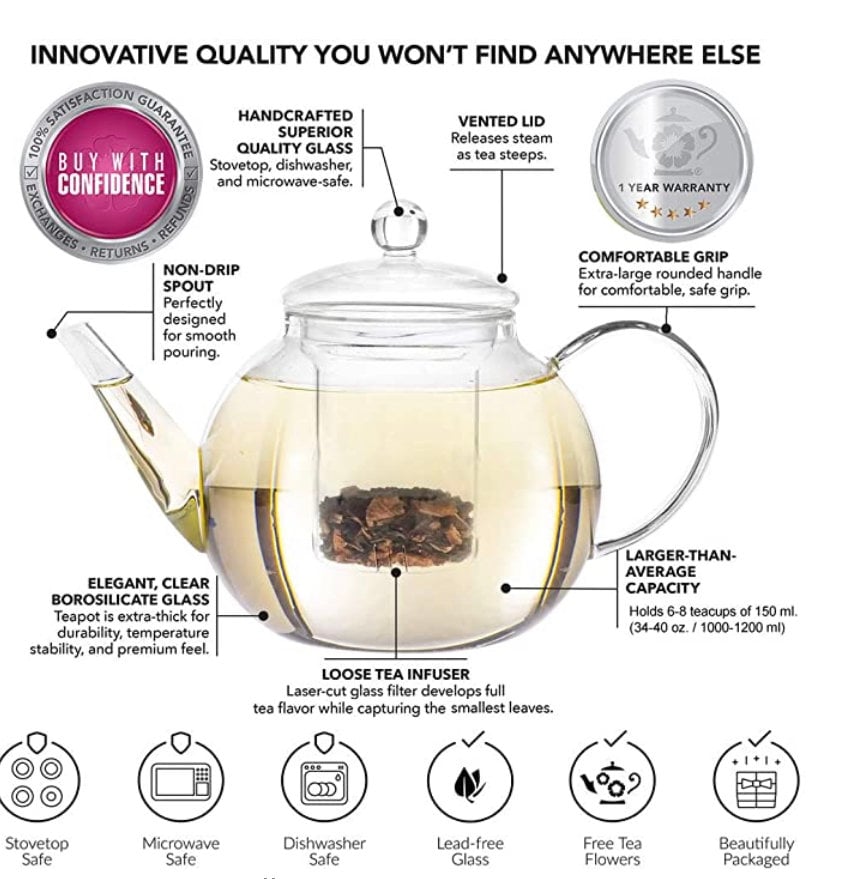 Teabloom Stovetop & Microwave Safe Glass Teapot 40 OZ / 1.2 Etsy