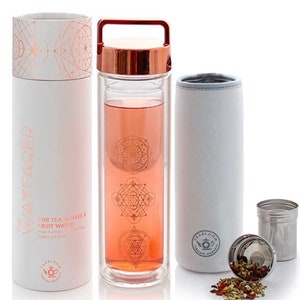 May include: A white and rose gold reusable glass tea infuser bottle with a handle and a matching white sleeve. The bottle has a geometric design and the text "WAYFARER" and "FOR TEA, COFFEE & FRUIT WATER" printed on the side. The bottle comes with a stainless steel infuser and a small bag of loose leaf tea.