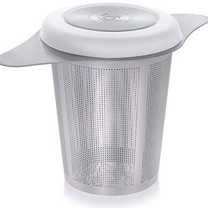 May include: A silver stainless steel tea infuser with a white lid and a handle. The infuser has a fine mesh design and is perfect for brewing loose leaf tea.