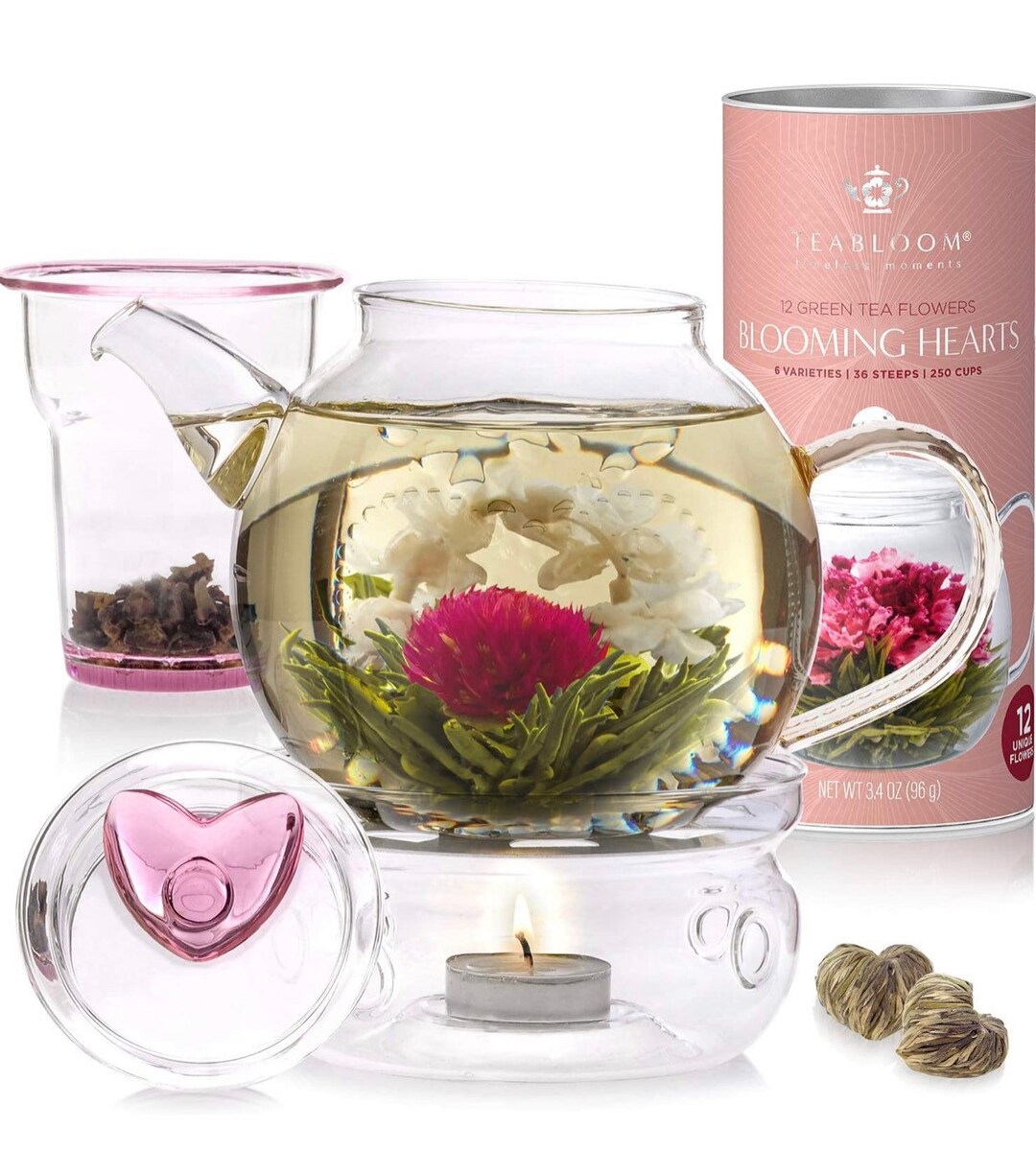 Teabloom Eternal Love Flowering Tea Gift Set Glass Teapot 36 Oz, Heart