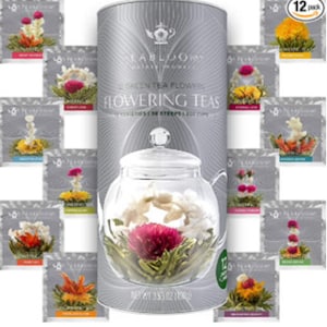 Teabloom Flowering Tea - 12 Unique Varieties of Fresh Blooming Tea Flowers - Hand-Tied Natural Green Tea Leaves & Edible Flowers