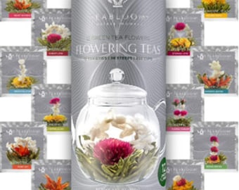 Teabloom Flowering Tea - 12 Unique Varieties of Fresh Blooming Tea Flowers - Hand-Tied Natural Green Tea Leaves & Edible Flowers