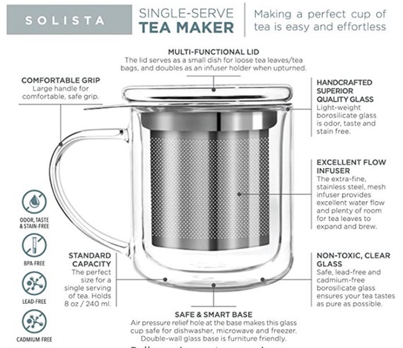 Teabloom Single-Serve Tea Maker - Double Wall Glass Cup with Infuser Basket and Lid for Steeping, Solista Brewing Mug (8 oz)