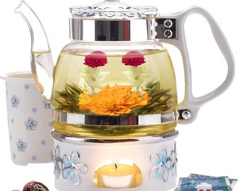 Teabloom Princess of Monaco Teapot & Blooming Tea Gift Set (6 Pieces) - Borosilicate Glass Teapot (34 oz / 1000 ml / 3-4 Cups), Porcelain Li