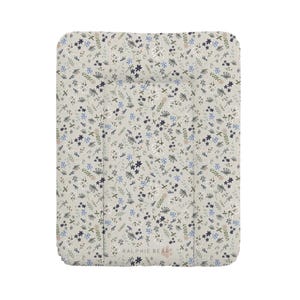 May include: A rectangular baby changing mat with a floral design. The mat has a light beige background and a repeating pattern of small flowers in blue, white, and green. The text "RALPHIE BEAR" is printed on the bottom.