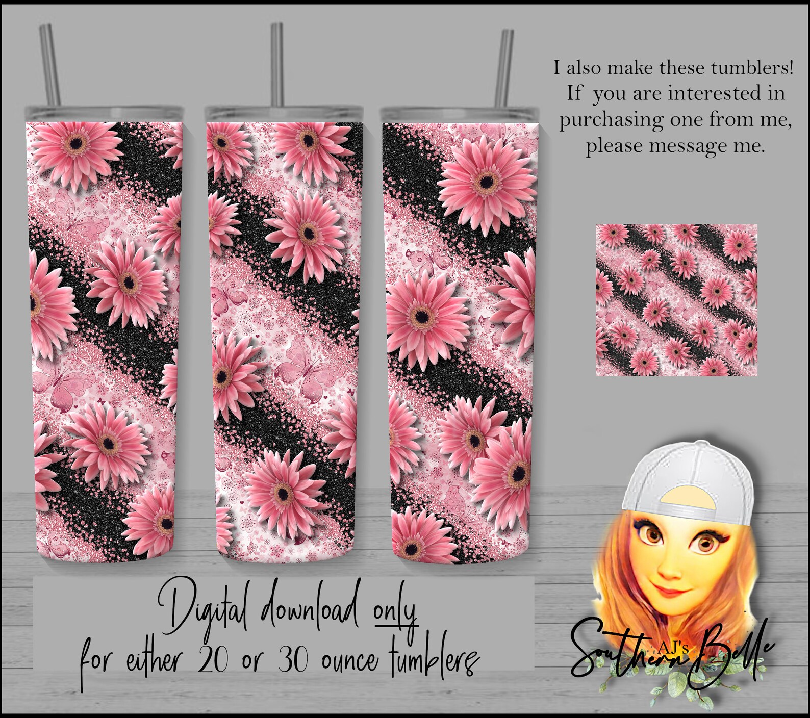 Pink Flower Tumbler Wrap With or Without Butterflies for 20 or Etsy