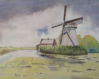 風車のある風景 水彩画 19世紀初頭 オリジナル - Etsy 日本