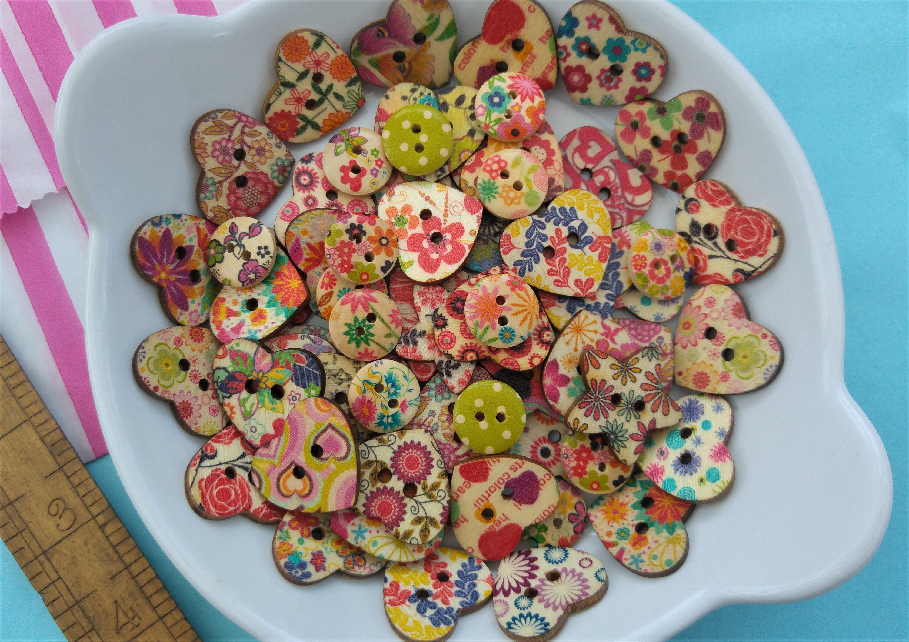 Bulk Buttons 100 Wooden Craft Buttons. Heart Star and Round Etsy