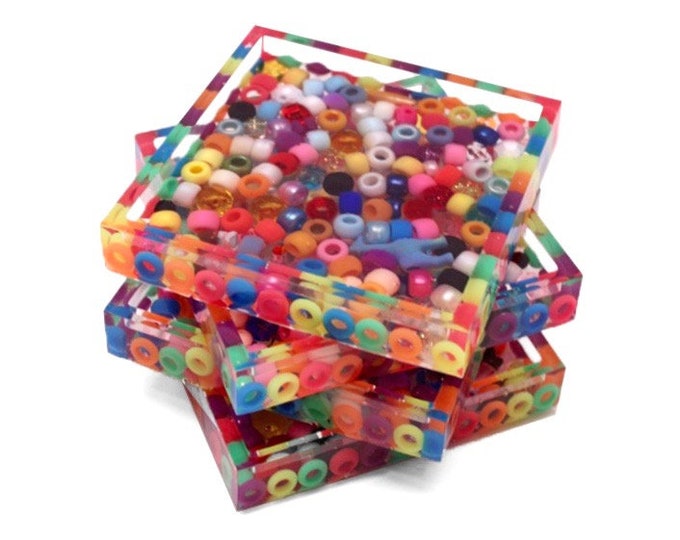 Controlled Chaos Coasters | Multicolor Beads Cast in Clear Resin | Bright Home Decor