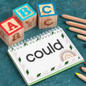 May include: A notebook with the word "could" written on it, surrounded by colorful wooden blocks spelling out "ABC" and wooden pencils.