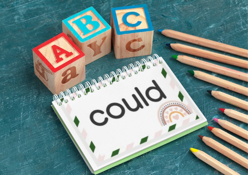 May include: A notebook with the word "could" written on it, surrounded by colorful wooden blocks spelling out "ABC" and wooden pencils.