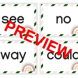 May include: Four white flash cards with green and pink stripes around the edges. Each card has a different word printed in black: "see", "no", "way", and "could".