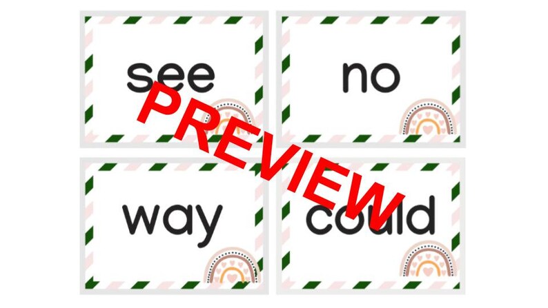 May include: Four white flash cards with green and pink stripes around the edges. Each card has a different word printed in black: "see", "no", "way", and "could".