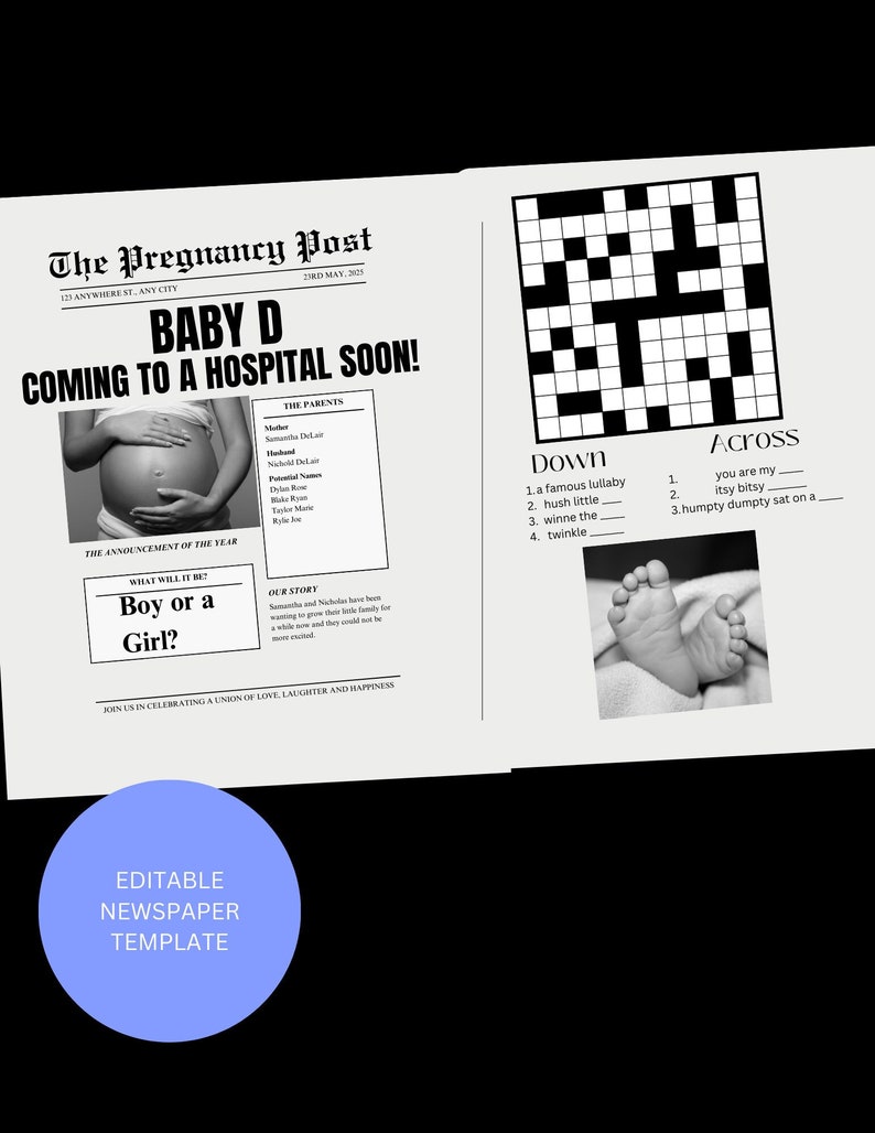 Op de afbeelding: Een zwart-witte krantenadvertentie met de kop "Baby D Coming to a Hospital Soon!" De advertentie bevat een foto van een zwangere vrouw, een kruiswoordpuzzel en babyvoetjes.