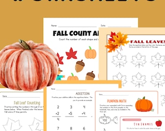 Fall math activities, 20 worksheets, first grade math worksheets, home school, Halloween math games,