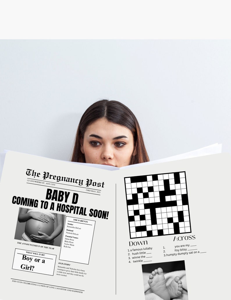 Op de afbeelding: Een zwart-witte krantenadvertentie met de kop "Baby D komt binnenkort naar het ziekenhuis!" De advertentie bevat een foto van een zwangere vrouw, een kruiswoordpuzzel en de tekst "De aankondiging van het jaar: Jongen of meisje?"