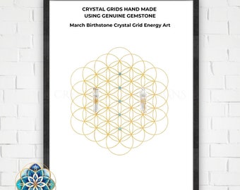 Grille de cristal aigue-marine, cadeau de pierre de naissance de mars, grille de fleur de vie du zodiaque, art de la grille de cristal brodé à la main, art mural cadeaux aigue-marine