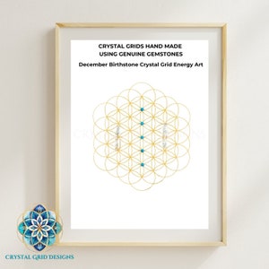 Turquoise Crystal Grid, December Birthstone Gift, Zodiac Flower of Life Grid, Hand Embroidered Crystal Grid Art, Turquoise Gifts Wall Art