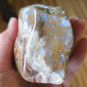 May include: A polished, natural stone with a mix of colors. The stone features a blend of tan, brown, blue, and white hues, with intricate patterns and textures. The stone is held in a hand, showcasing its unique shape and natural beauty.