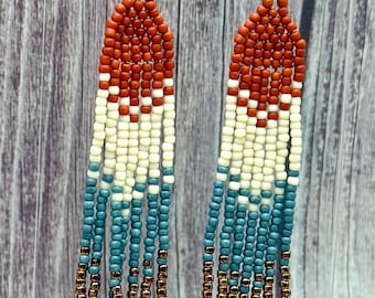 Handmade Beaded Fringe Earrings – Rustic Americana Colors – Boho Statement Jewelry