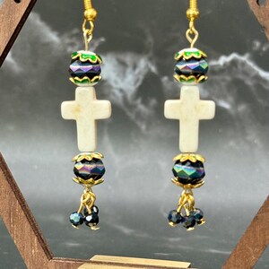 Handmade Cross Dangle Earrings | Cream Stone & Gold Accents | Faith-Inspired Jewelry | Iridescent Glass Beads | Christian Gift