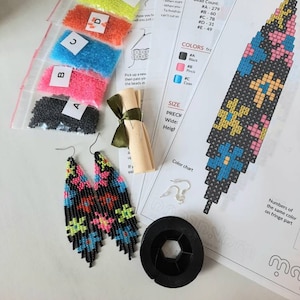 Neon flowers beaded earrings kit | DIY pattern fringe earrings kit | beadwaving seed bead kit | first earrings bead set | craft supplies