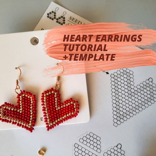 Heart beaded earrings tutorial + pattern | PDF Digital download DIY | brick beading how to make seed bead valentine's earrings