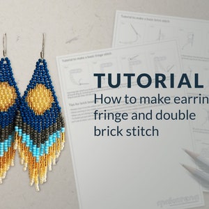 May include: A tutorial on how to make earrings with fringe and double brick stitch. The image shows a pair of blue, gold, and turquoise beaded earrings with fringe. The text "TUTORIAL How to make earrings fringe and double brick stitch" is visible.