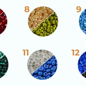 May include: Assortment of 6 different colors of seed beads, each color is shown in a half circle with the other half circle showing a different color. The colors are red, gold, light blue, teal, white, and dark blue.