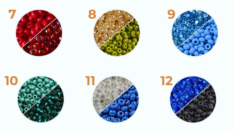 May include: Assortment of 6 different colors of seed beads, each color is shown in a half circle with the other half circle showing a different color. The colors are red, gold, light blue, teal, white, and dark blue.