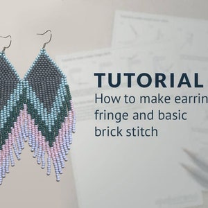 May include: A tutorial on how to make earrings using fringe and basic brick stitch. The earrings are made with gray, green, blue, and pink beads.
